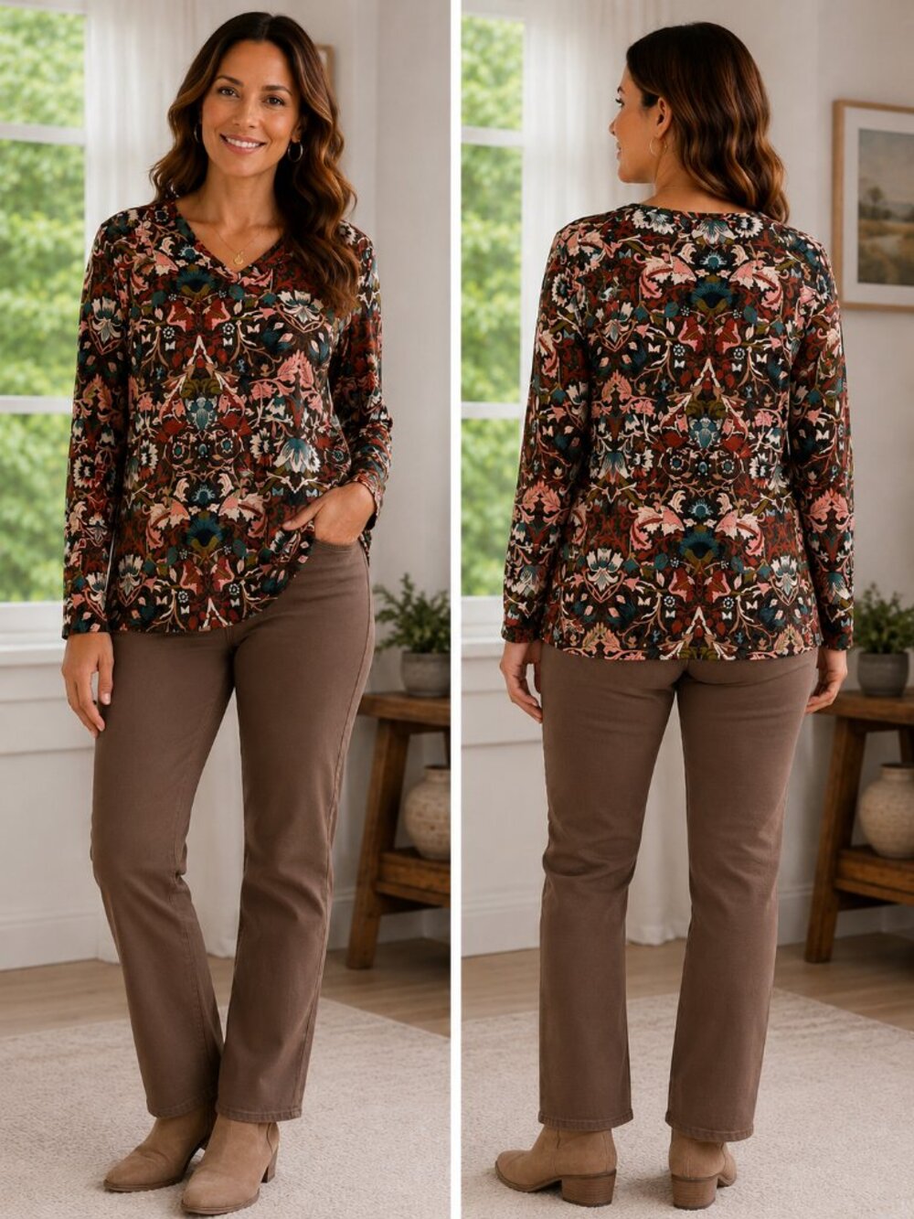 🌺 Denim & Co Dark Chocolate Floral V-Neck Top Size L Stretch